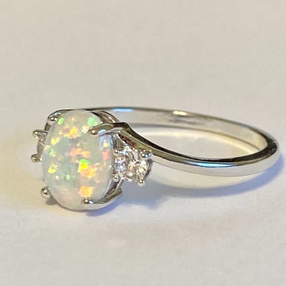 Opal Stone Ring Solitaire Silver Plated Simulated Oval Cut Size 9 10 11 - Picture 7 of 10